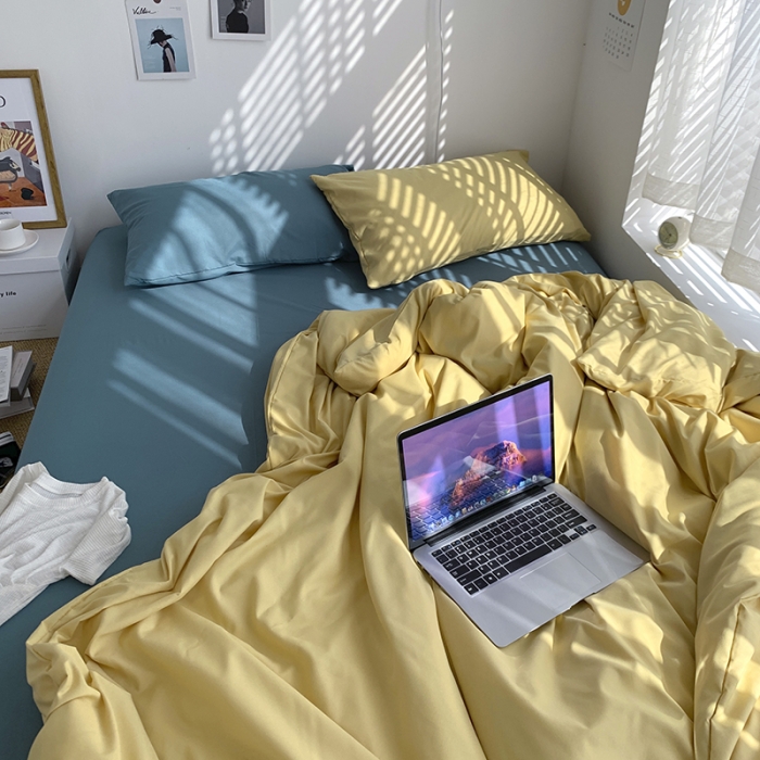 91家纺网 家纺一手货源 找家纺 曼谷新款ins美棉磨毛纯色混搭拼色四件套 布丁月影兰