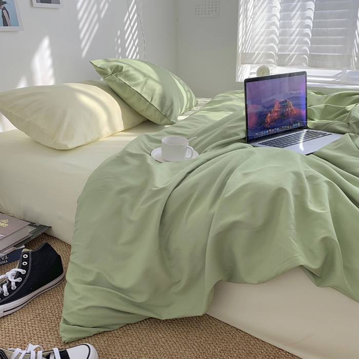 91家纺网 家纺一手货源 找家纺 曼谷新款ins美棉磨毛纯色混搭拼色四件套 豆绿芝士