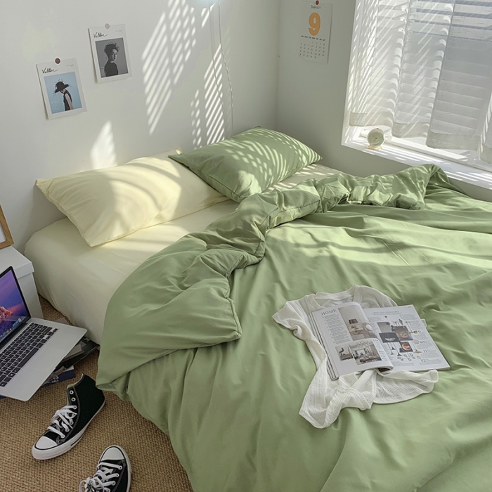 91家纺网 家纺一手货源 找家纺 曼谷新款ins美棉磨毛纯色混搭拼色四件套 豆绿芝士