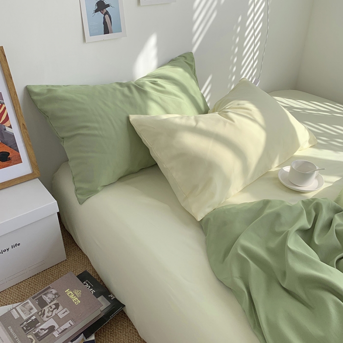 91家纺网 家纺一手货源 找家纺 曼谷新款ins美棉磨毛纯色混搭拼色四件套 豆绿芝士