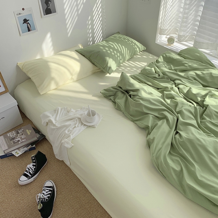 91家纺网 家纺一手货源 找家纺 曼谷新款ins美棉磨毛纯色混搭拼色四件套 豆绿芝士