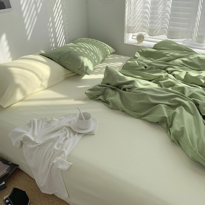 91家纺网 家纺一手货源 找家纺 曼谷新款ins美棉磨毛纯色混搭拼色四件套 豆绿芝士