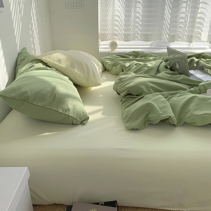 91家纺网 家纺一手货源 找家纺 曼谷新款ins美棉磨毛纯色混搭拼色四件套 豆绿芝士