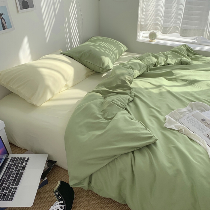 91家纺网 家纺一手货源 找家纺 曼谷新款ins美棉磨毛纯色混搭拼色四件套 豆绿芝士