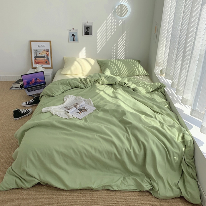 91家纺网 家纺一手货源 找家纺 曼谷新款ins美棉磨毛纯色混搭拼色四件套 豆绿芝士