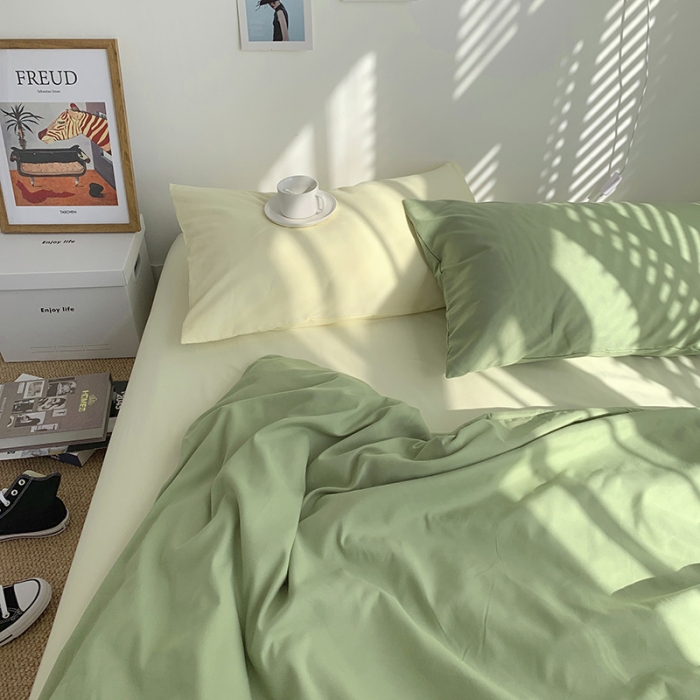 91家纺网 家纺一手货源 找家纺 曼谷新款ins美棉磨毛纯色混搭拼色四件套 豆绿芝士