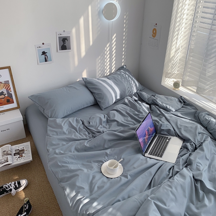 91家纺网 家纺一手货源 找家纺 曼谷新款ins美棉磨毛纯色混搭拼色四件套 海盐