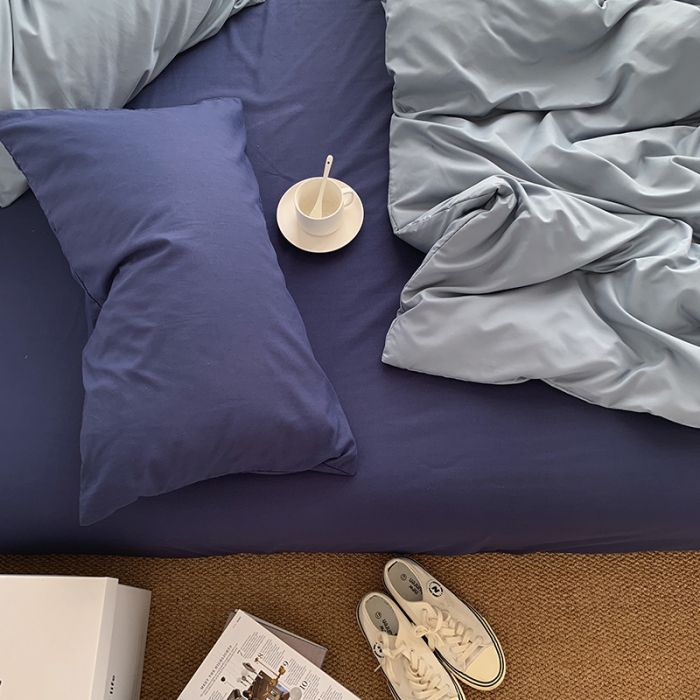 91家纺网 家纺一手货源 找家纺 曼谷新款ins美棉磨毛纯色混搭拼色四件套 海盐可可蓝