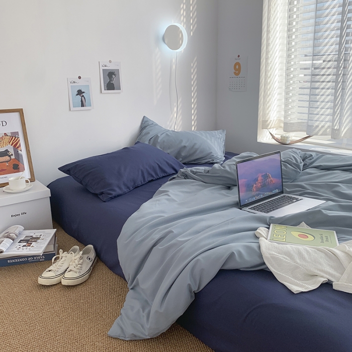 91家纺网 家纺一手货源 找家纺 曼谷新款ins美棉磨毛纯色混搭拼色四件套 海盐可可蓝