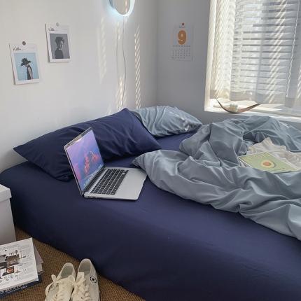 曼谷新款ins美棉磨毛纯色混搭拼色四件套 海盐可可蓝