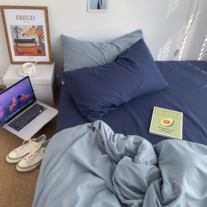 91家纺网 家纺一手货源 找家纺 曼谷新款ins美棉磨毛纯色混搭拼色四件套 海盐可可蓝