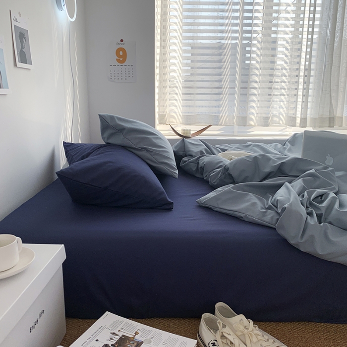 91家纺网 家纺一手货源 找家纺 曼谷新款ins美棉磨毛纯色混搭拼色四件套 海盐可可蓝