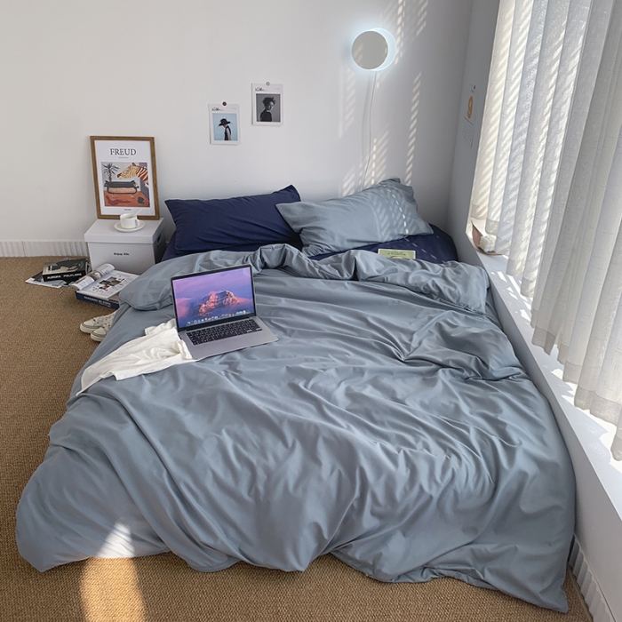 91家纺网 家纺一手货源 找家纺 曼谷新款ins美棉磨毛纯色混搭拼色四件套 海盐可可蓝