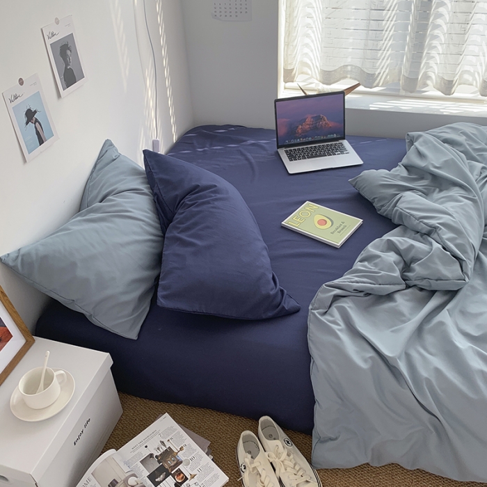 91家纺网 家纺一手货源 找家纺 曼谷新款ins美棉磨毛纯色混搭拼色四件套 海盐可可蓝