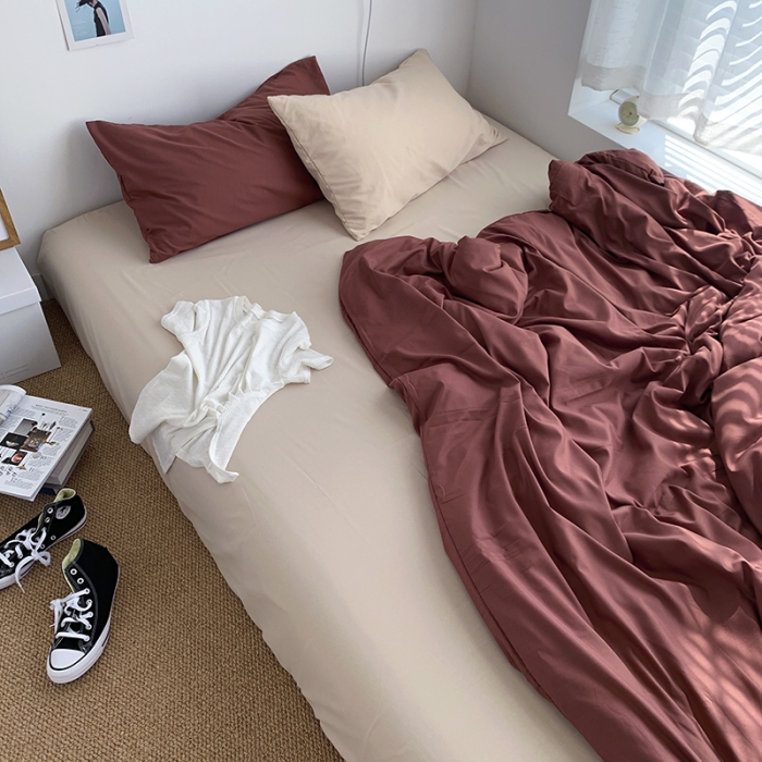 91家纺网 家纺一手货源 找家纺 曼谷新款ins美棉磨毛纯色混搭拼色四件套 焦糖奶茶