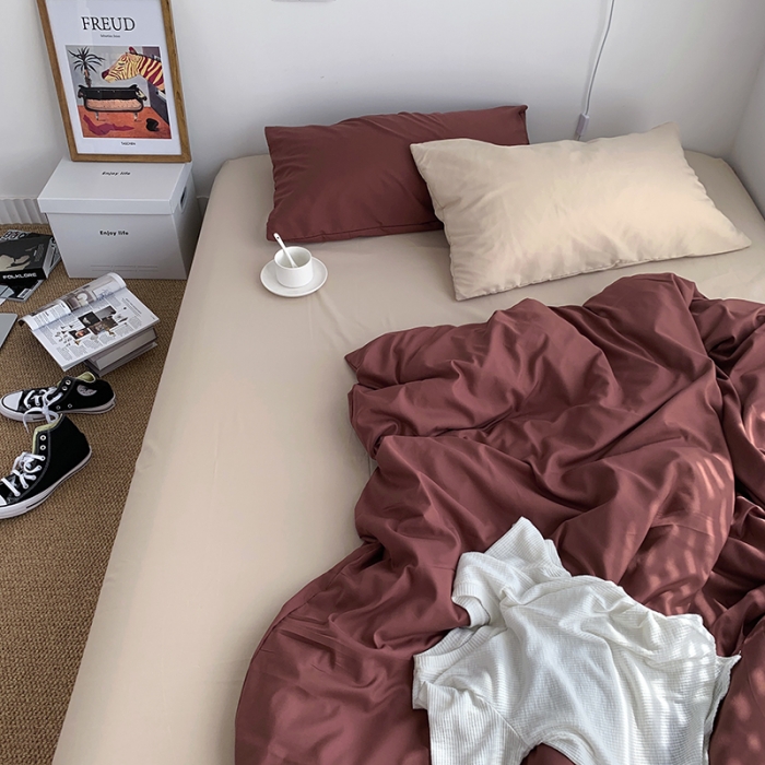 91家纺网 家纺一手货源 找家纺 曼谷新款ins美棉磨毛纯色混搭拼色四件套 焦糖奶茶