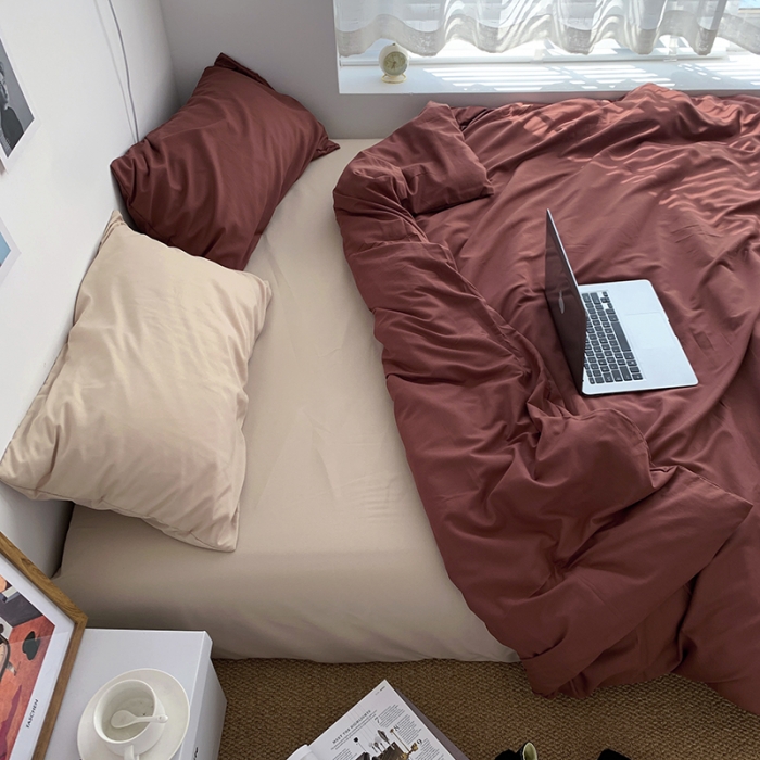 91家纺网 家纺一手货源 找家纺 曼谷新款ins美棉磨毛纯色混搭拼色四件套 焦糖奶茶