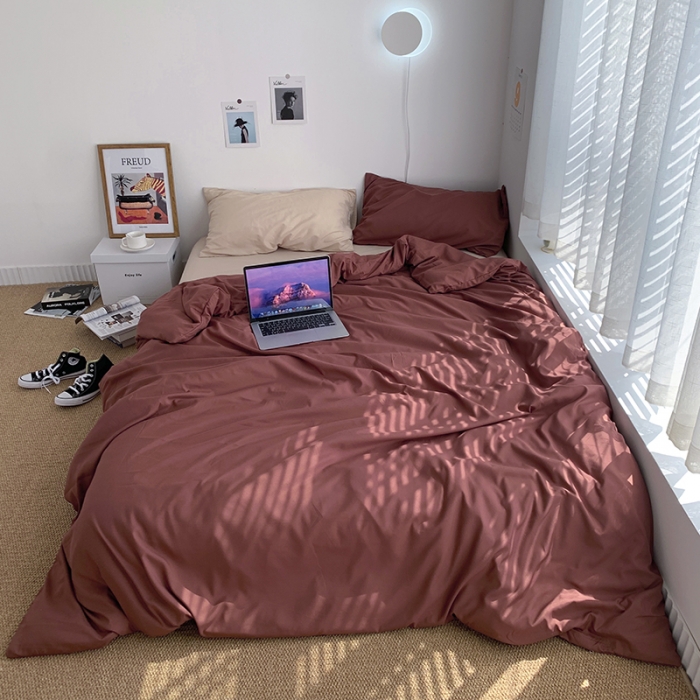 91家纺网 家纺一手货源 找家纺 曼谷新款ins美棉磨毛纯色混搭拼色四件套 焦糖奶茶