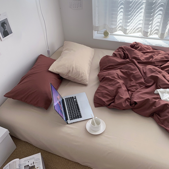 91家纺网 家纺一手货源 找家纺 曼谷新款ins美棉磨毛纯色混搭拼色四件套 焦糖奶茶