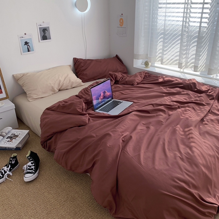 91家纺网 家纺一手货源 找家纺 曼谷新款ins美棉磨毛纯色混搭拼色四件套 焦糖奶茶