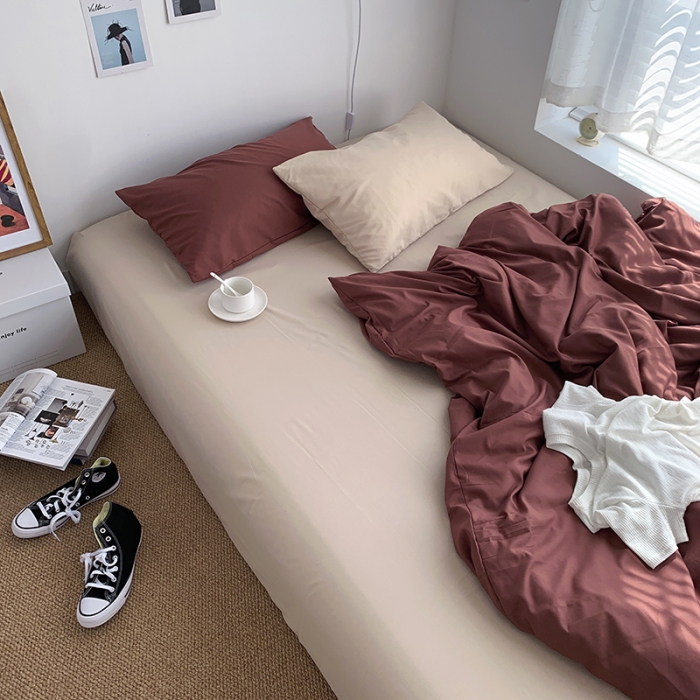 91家纺网 家纺一手货源 找家纺 曼谷新款ins美棉磨毛纯色混搭拼色四件套 焦糖奶茶