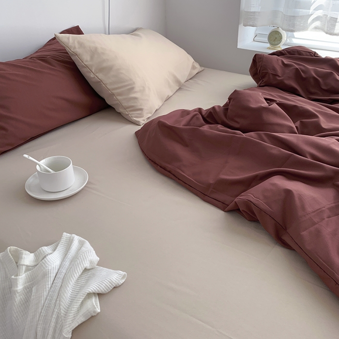 91家纺网 家纺一手货源 找家纺 曼谷新款ins美棉磨毛纯色混搭拼色四件套 焦糖奶茶