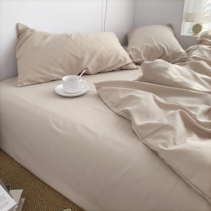 91家纺网 家纺一手货源 找家纺 曼谷新款ins美棉磨毛纯色混搭拼色四件套 奶茶