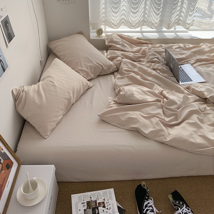 91家纺网 家纺一手货源 找家纺 曼谷新款ins美棉磨毛纯色混搭拼色四件套 奶茶