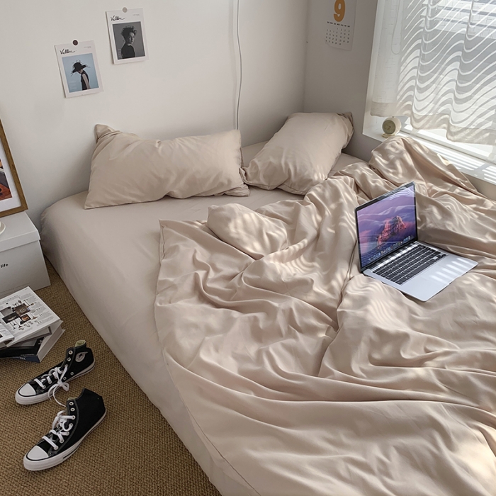 91家纺网 家纺一手货源 找家纺 曼谷新款ins美棉磨毛纯色混搭拼色四件套 奶茶