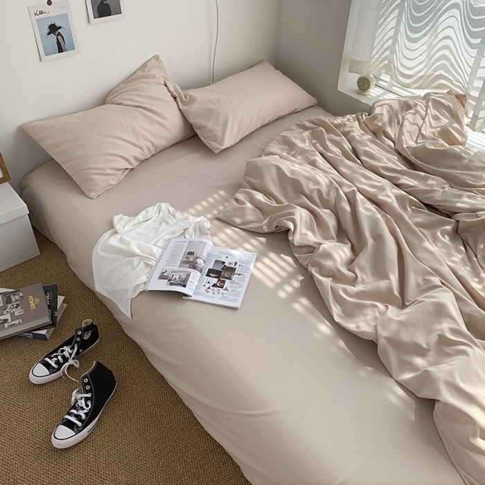 91家纺网 家纺一手货源 找家纺 曼谷新款ins美棉磨毛纯色混搭拼色四件套 奶茶