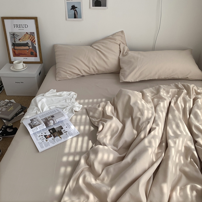 91家纺网 家纺一手货源 找家纺 曼谷新款ins美棉磨毛纯色混搭拼色四件套 奶茶