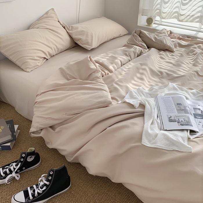 91家纺网 家纺一手货源 找家纺 曼谷新款ins美棉磨毛纯色混搭拼色四件套 奶茶