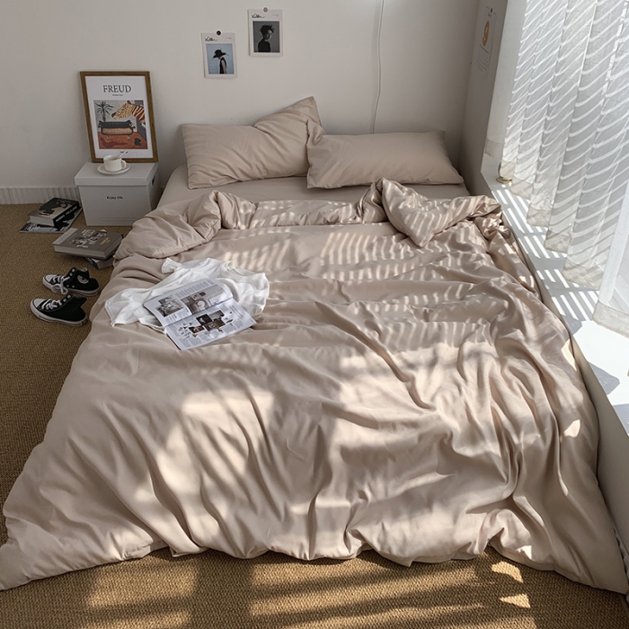 91家纺网 家纺一手货源 找家纺 曼谷新款ins美棉磨毛纯色混搭拼色四件套 奶茶