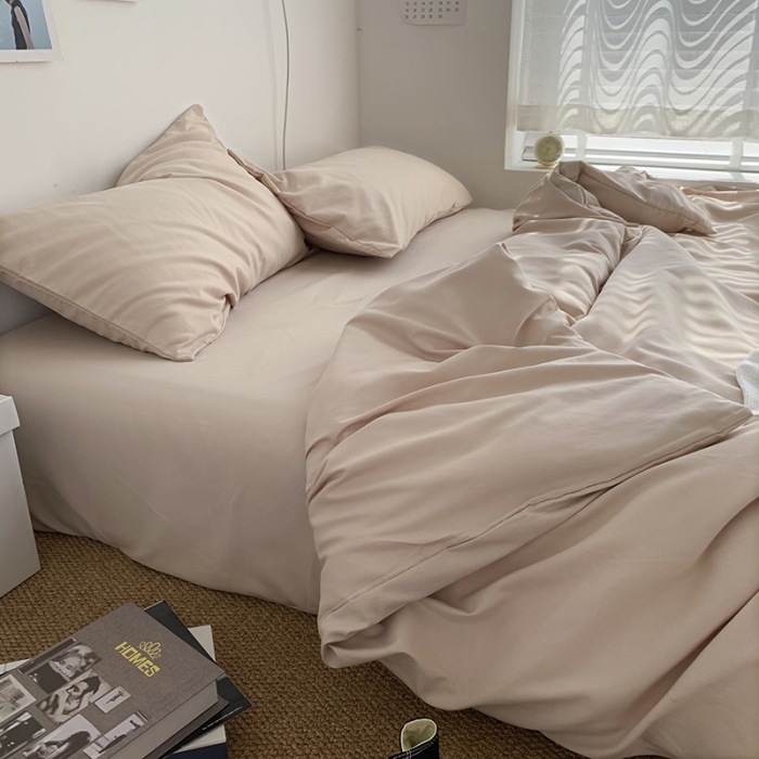 91家纺网 家纺一手货源 找家纺 曼谷新款ins美棉磨毛纯色混搭拼色四件套 奶茶