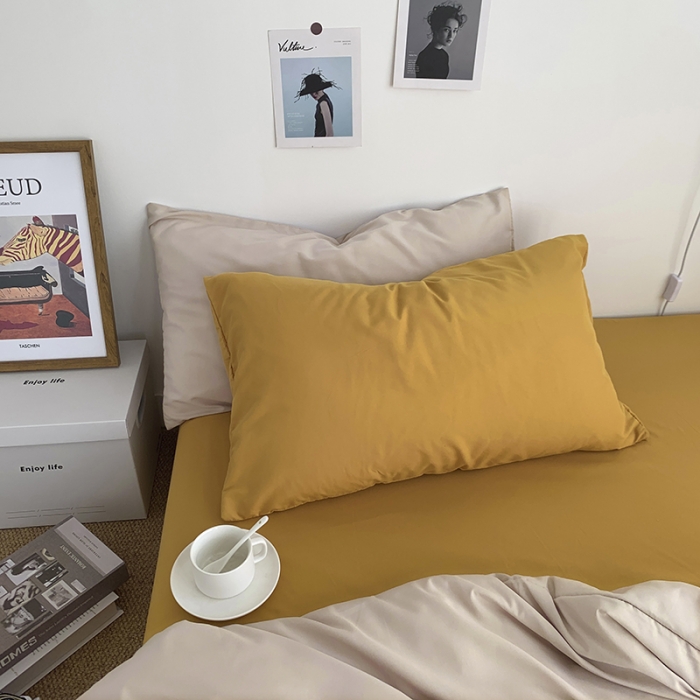 91家纺网 家纺一手货源 找家纺 曼谷新款ins美棉磨毛纯色混搭拼色四件套 奶茶杏黄