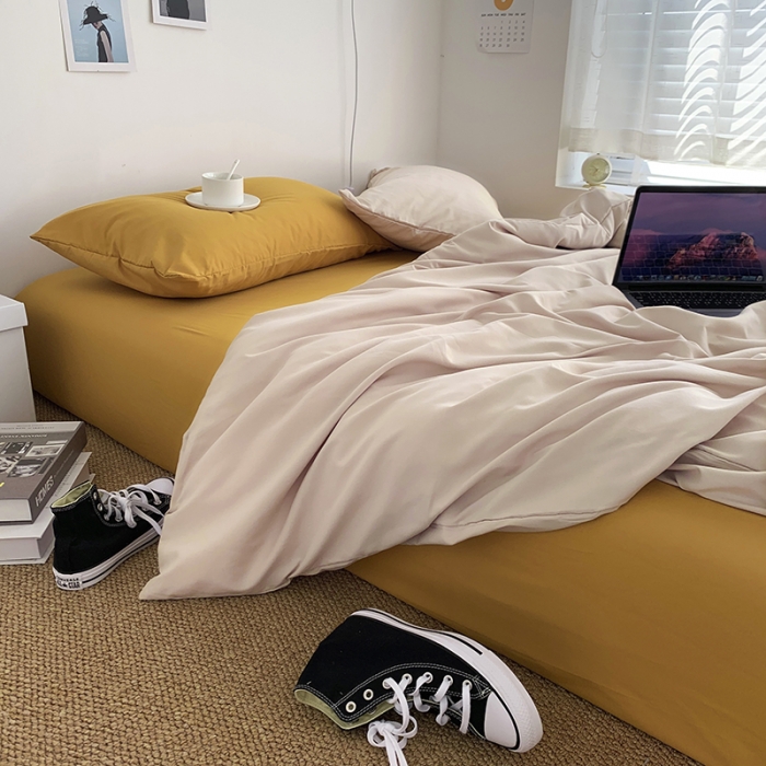 91家纺网 家纺一手货源 找家纺 曼谷新款ins美棉磨毛纯色混搭拼色四件套 奶茶杏黄