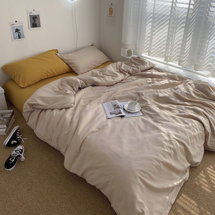 91家纺网 家纺一手货源 找家纺 曼谷新款ins美棉磨毛纯色混搭拼色四件套 奶茶杏黄