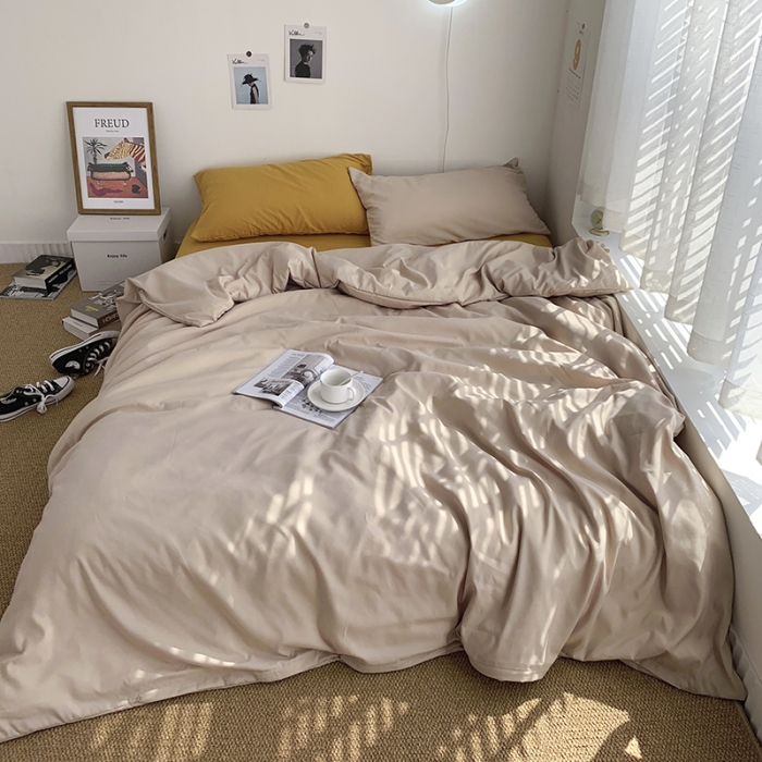 91家纺网 家纺一手货源 找家纺 曼谷新款ins美棉磨毛纯色混搭拼色四件套 奶茶杏黄