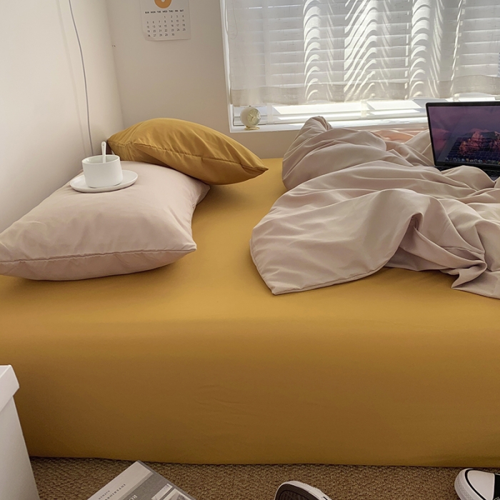 91家纺网 家纺一手货源 找家纺 曼谷新款ins美棉磨毛纯色混搭拼色四件套 奶茶杏黄