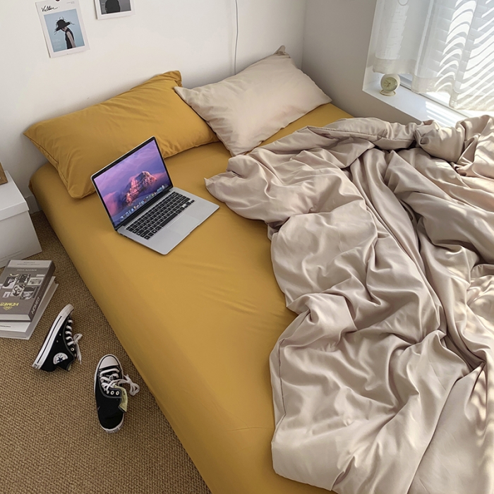 91家纺网 家纺一手货源 找家纺 曼谷新款ins美棉磨毛纯色混搭拼色四件套 奶茶杏黄