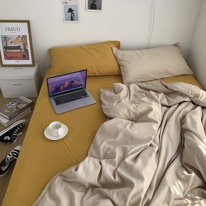 91家纺网 家纺一手货源 找家纺 曼谷新款ins美棉磨毛纯色混搭拼色四件套 奶茶杏黄