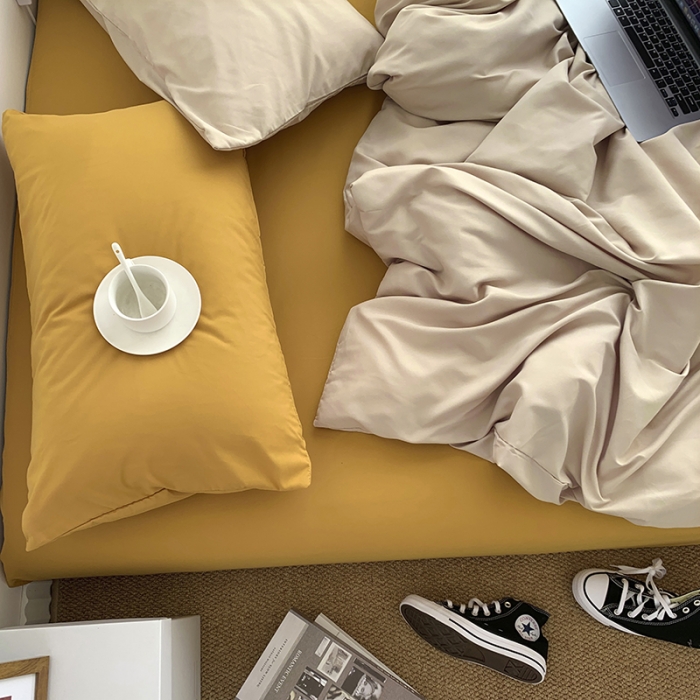 91家纺网 家纺一手货源 找家纺 曼谷新款ins美棉磨毛纯色混搭拼色四件套 奶茶杏黄