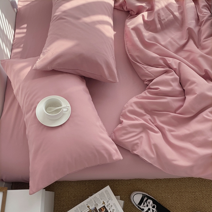 91家纺网 家纺一手货源 找家纺 曼谷新款ins美棉磨毛纯色混搭拼色四件套 桃桃奶昔