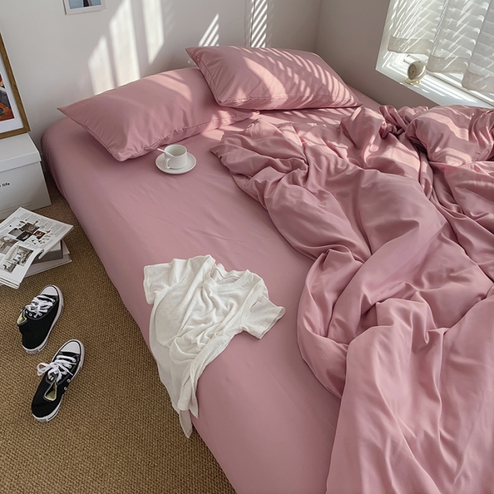 91家纺网 家纺一手货源 找家纺 曼谷新款ins美棉磨毛纯色混搭拼色四件套 桃桃奶昔