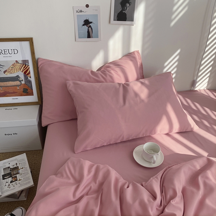 91家纺网 家纺一手货源 找家纺 曼谷新款ins美棉磨毛纯色混搭拼色四件套 桃桃奶昔