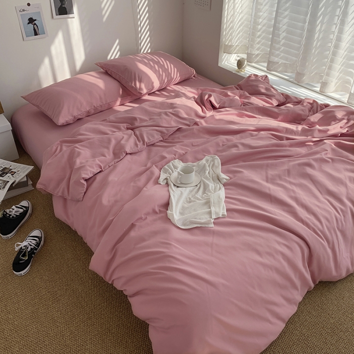 91家纺网 家纺一手货源 找家纺 曼谷新款ins美棉磨毛纯色混搭拼色四件套 桃桃奶昔