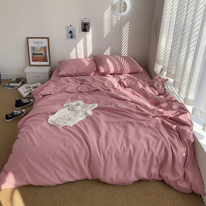 91家纺网 家纺一手货源 找家纺 曼谷新款ins美棉磨毛纯色混搭拼色四件套 桃桃奶昔