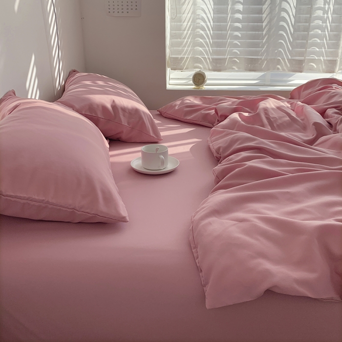 91家纺网 家纺一手货源 找家纺 曼谷新款ins美棉磨毛纯色混搭拼色四件套 桃桃奶昔