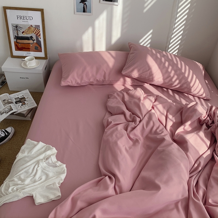 91家纺网 家纺一手货源 找家纺 曼谷新款ins美棉磨毛纯色混搭拼色四件套 桃桃奶昔