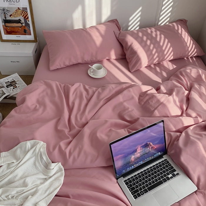 91家纺网 家纺一手货源 找家纺 曼谷新款ins美棉磨毛纯色混搭拼色四件套 桃桃奶昔